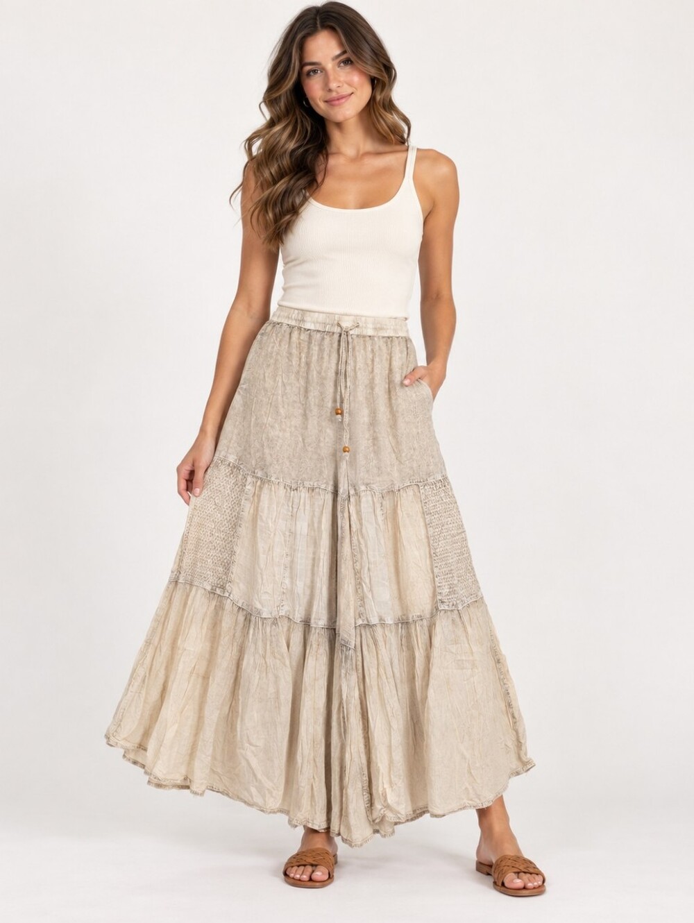 Young Threads NWT Latte Patchwork Tiered Wide Leg Pants Size L Boho